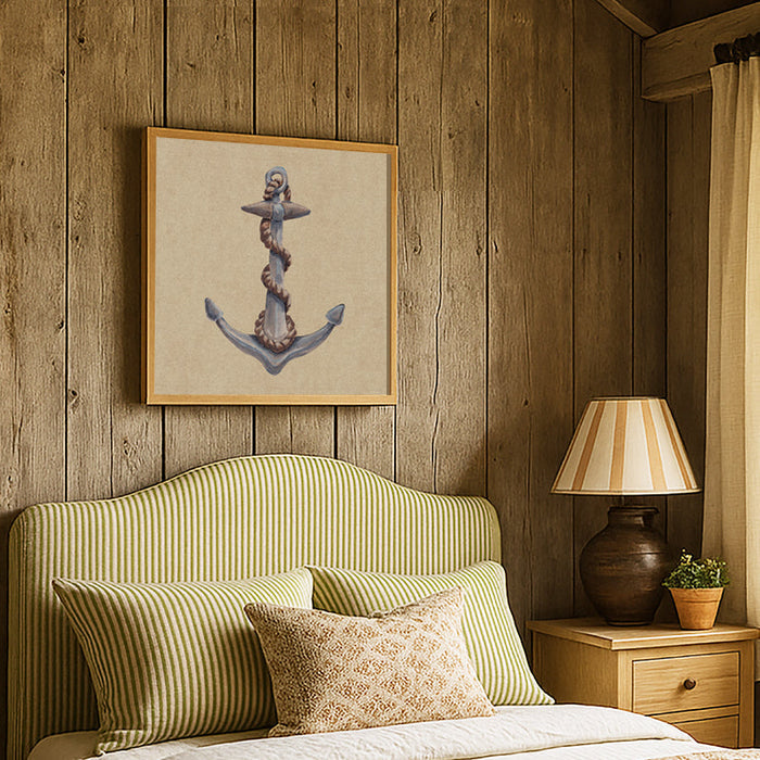 Bedroom with anchor art print, wooden walls, a bed with green headboard and beige bedding, and a lamp on a nightstand.