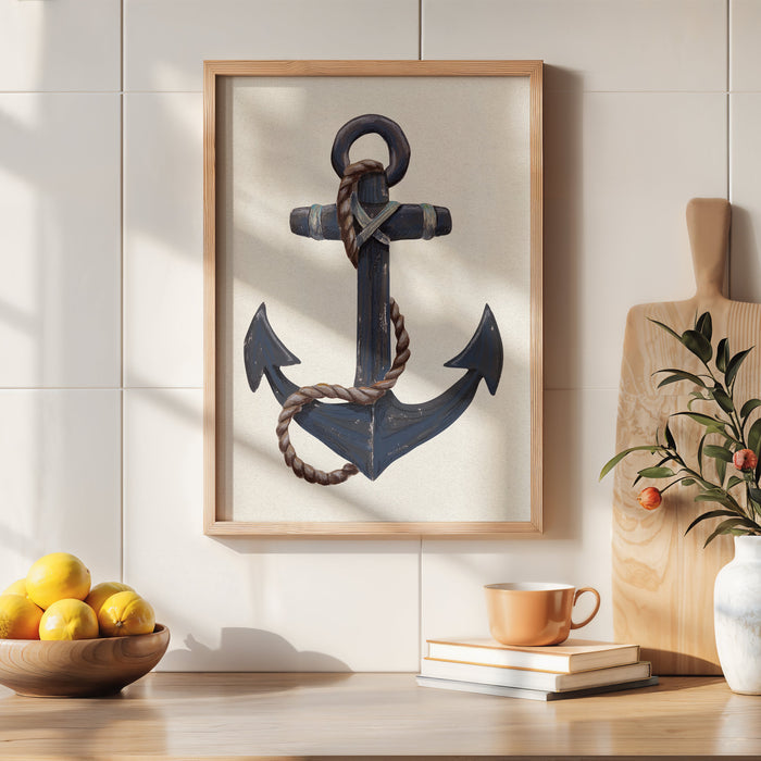 Framed anchor artwork on a wall above a wooden shelf with decorative items.