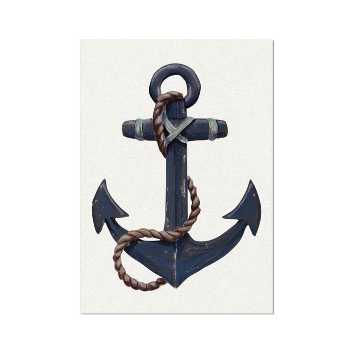 Blue anchor art print with rope on a white background