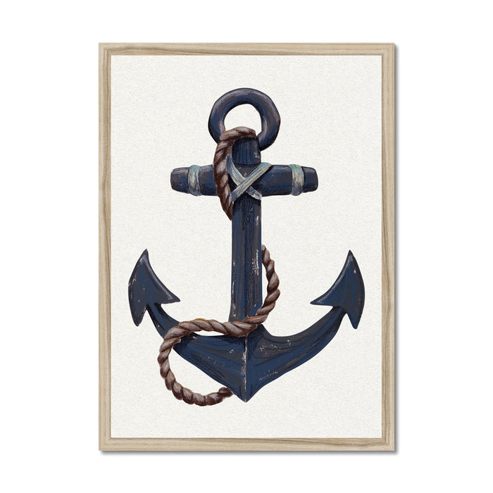Framed artwork of a blue anchor with a rope on a white background