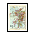Framed map print of Argyll and Bute with various colors representing different regions, presented in a simple black frame.