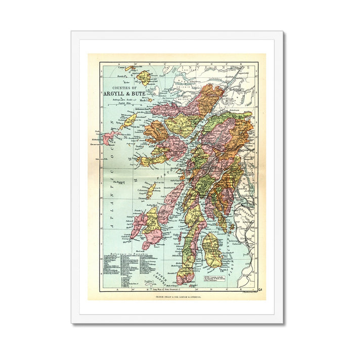 A framed map print of Argyll and Bute. Colourful map depicting the Argyll and Bute region in Scotland.