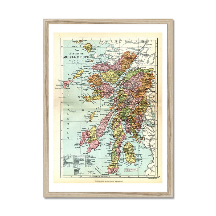 A framed map print of Argyll and Bute. Colourful map depicting the Argyll and Bute region in Scotland.
