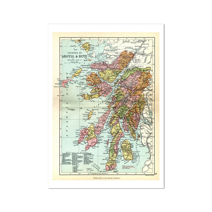 A framed print of a colourful map depicting the Argyll and Bute region in Scotland.