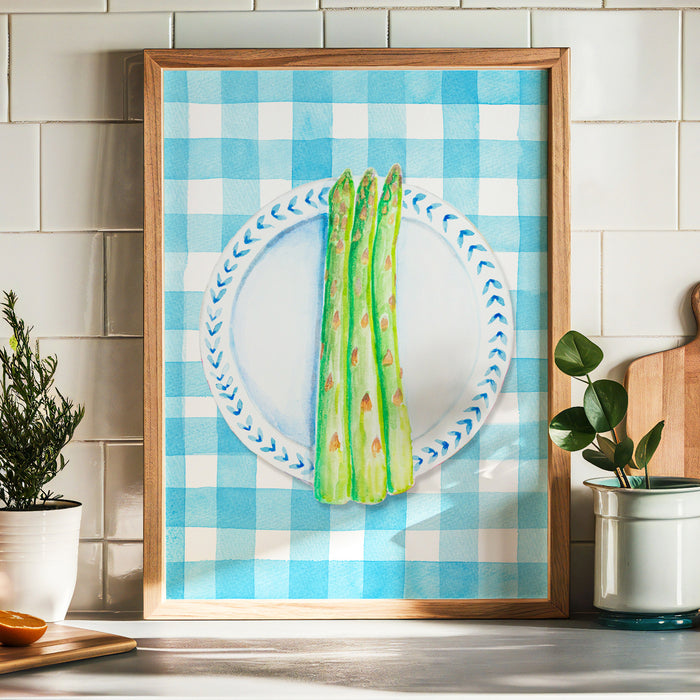 Asparagus Painting on Blue Gingham | Kitchen Wall Art - Framed