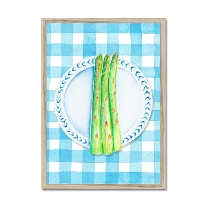Asparagus Painting on Blue Gingham | Kitchen Wall Art - Unframed