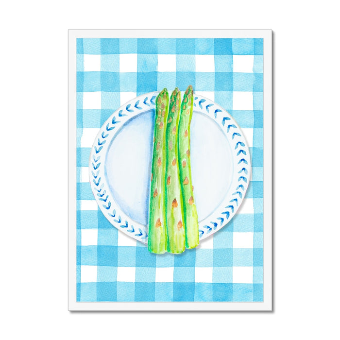 Asparagus Painting on Blue Gingham | Kitchen Wall Art - Unframed