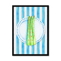 Hand-painted artwork of asparagus on a plate with a blue striped background, framed.