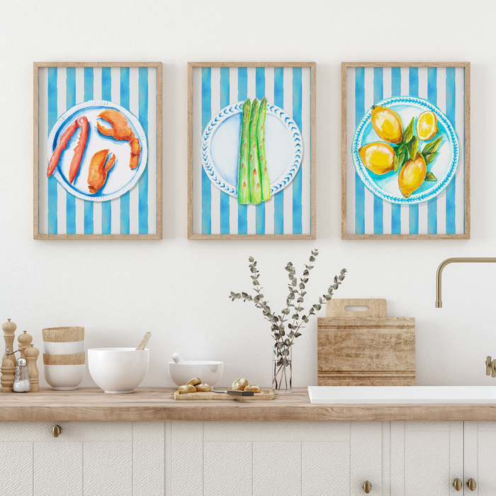 set of three kitchen art prints in modern country - set of kitchen wall art of food on plates with blue striped background