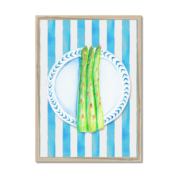Hand-painted artwork of asparagus on a plate with a blue striped background, framed.