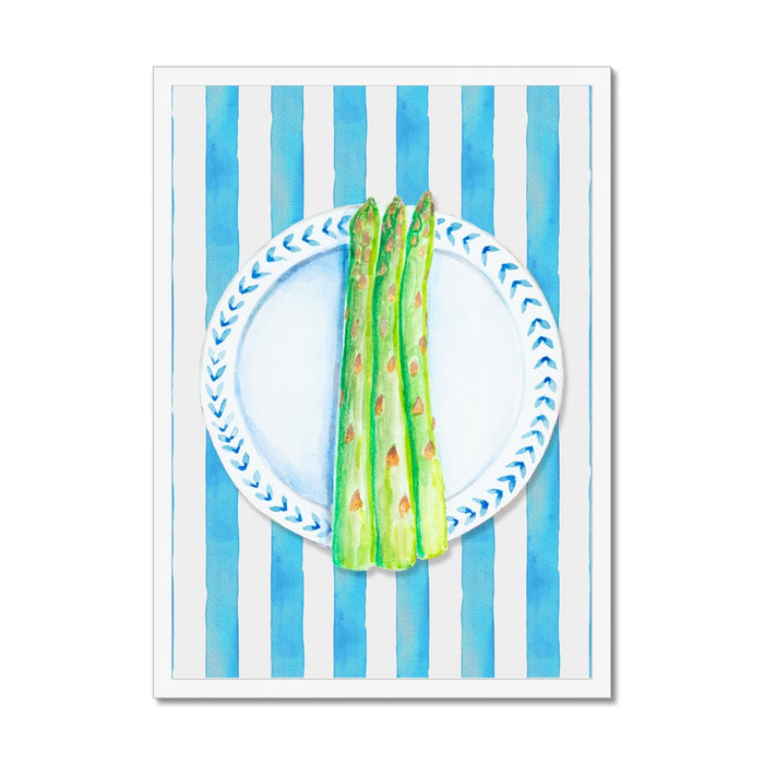 Hand-painted artwork of asparagus on a plate with a blue striped background, framed in white.