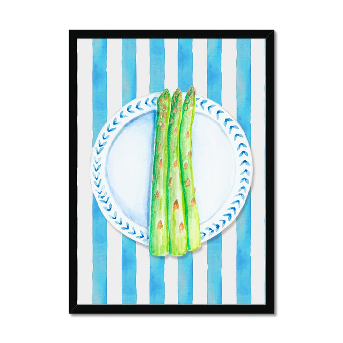 Hand-painted artwork of asparagus on a plate with a blue striped background, framed.