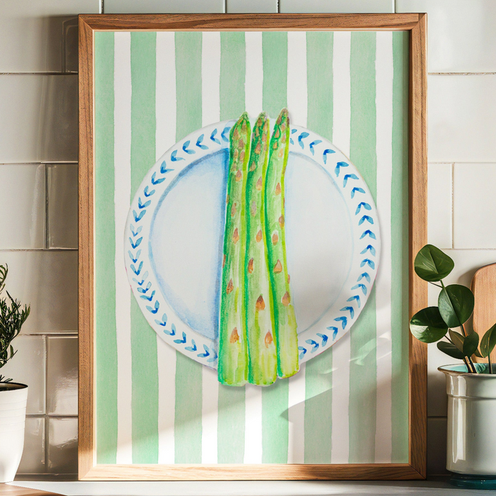Asparagus Painting on Green Stripe | Kitchen Wall Art - Framed