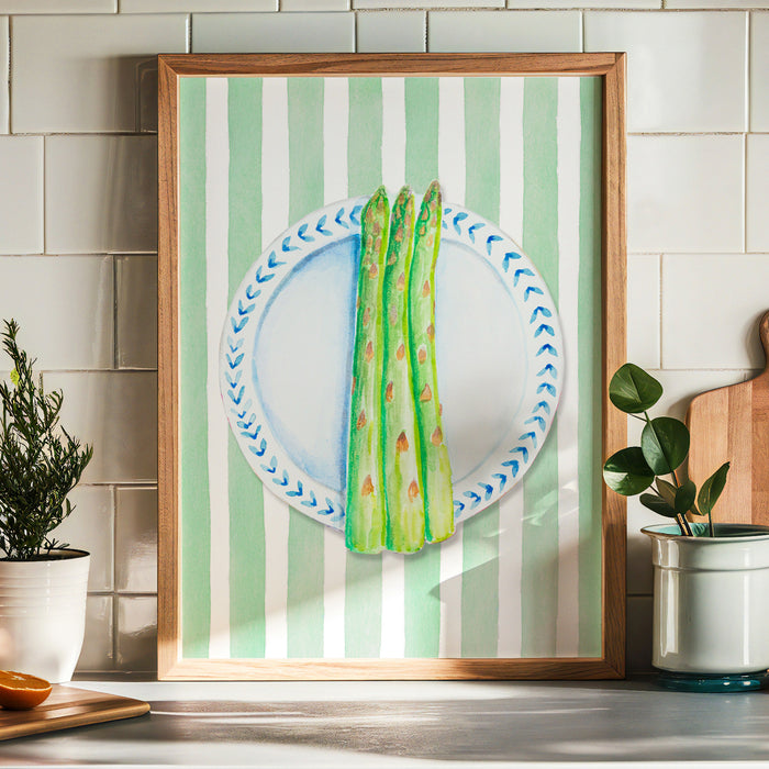 Asparagus Painting on Green Stripe | Kitchen Wall Art - Framed