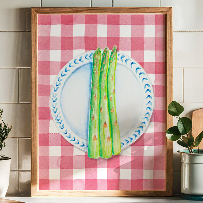 Asparagus Painting on Red Gingham | Kitchen Wall Art - Framed