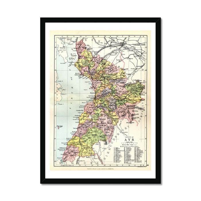 Framed vintage map print of Ayrshire, Scotland, with a colourful sectional map, presented in a simple black frame.