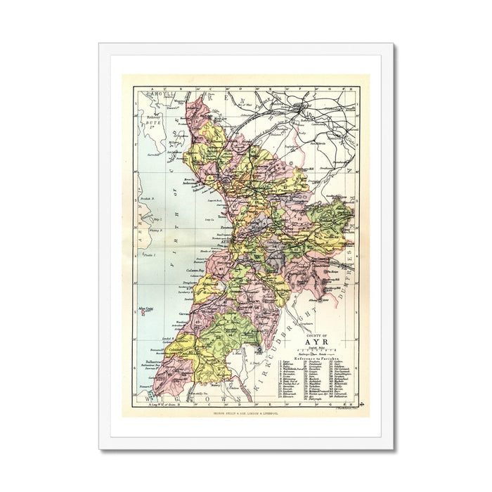 A framed vintage map print of Ayrshire, Scotland, with a white frame.