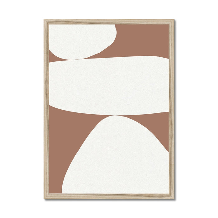 A framed abstract art print featuring mocha brown and white colors with simple geometric shapes.