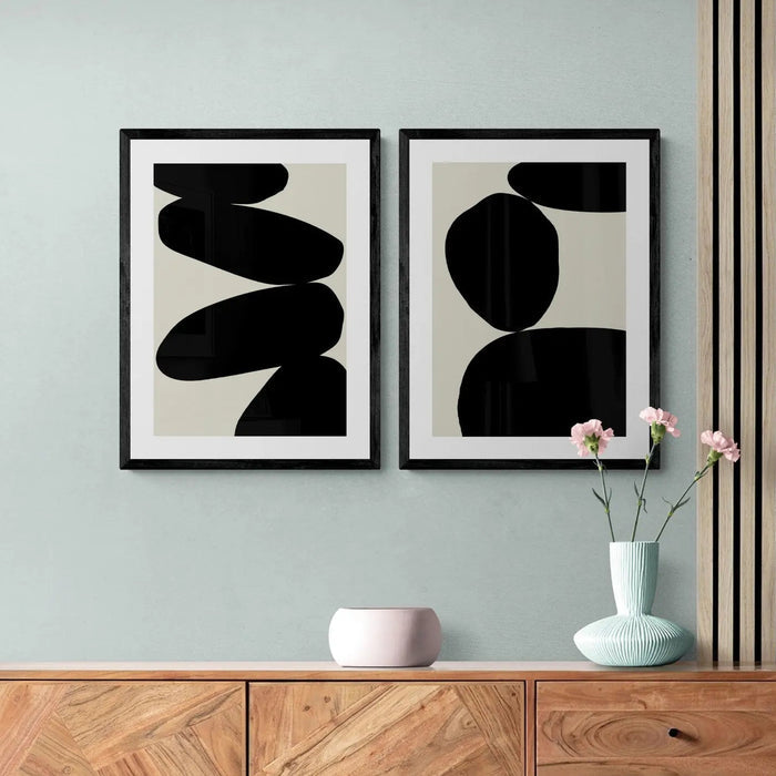 set of 2 abstract black and white simple form art - Beach House Art