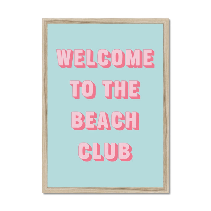 Framed artwork with 'Welcome to the Beach Club' text on a light blue background