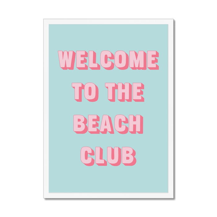 Poster with 'Welcome to the Beach Club' text on a light blue background