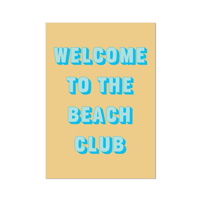 Beach club sign with blue text on a yellow background