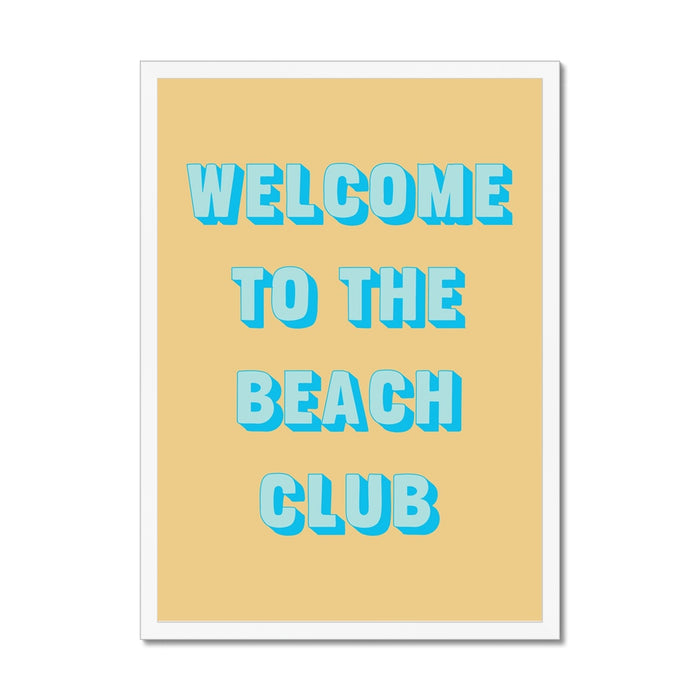 Poster with 'Welcome to the Beach Club' text on a yellow background