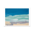 An abstract art print depicting a simplified beach scene with blue skies and bodies of water meeting at the horizon, rendered in a smooth, contemporary style on a white background.
