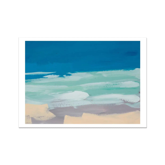 An abstract art print depicting a simplified beach scene with blue skies and bodies of water meeting at the horizon, rendered in a smooth, contemporary style on a white background.