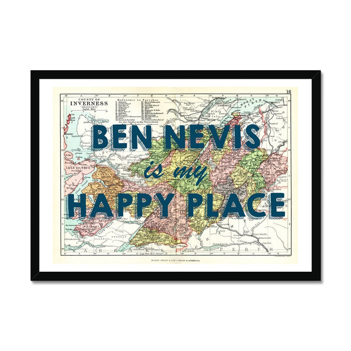 Framed map print with the text 'Ben Nevis is my Happy Place' over a section of a map, in a navy color frame.