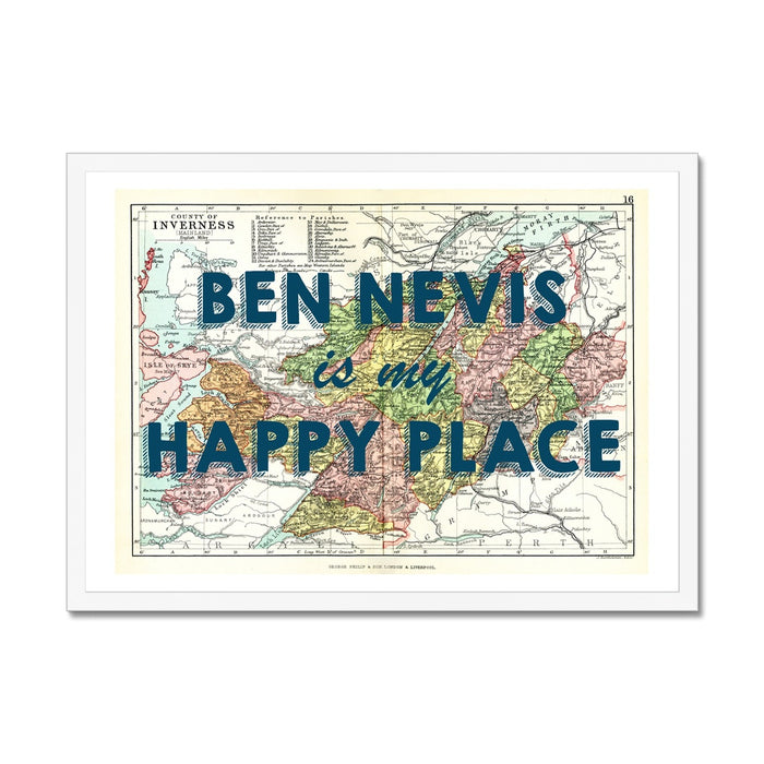 Ben Nevis Map Print Framed with white Frame