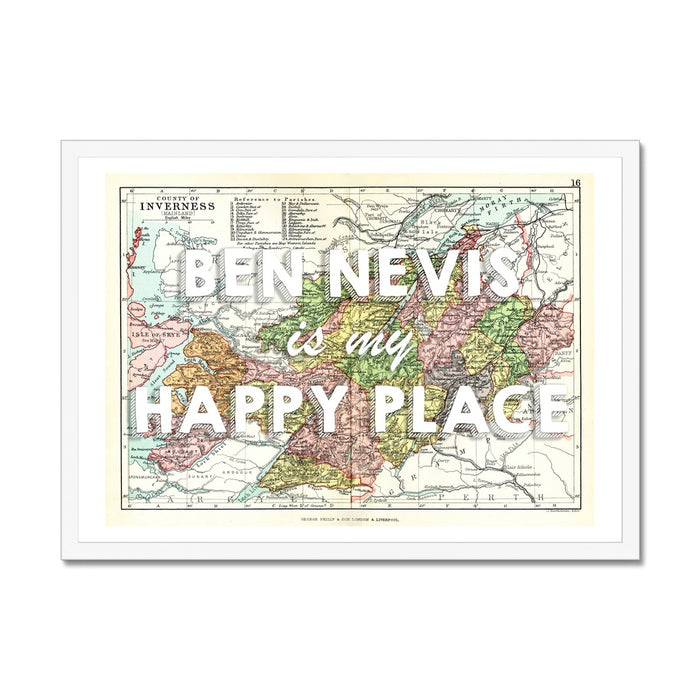 Ben Nevis Map Print | My Happy Place Map In White - Framed