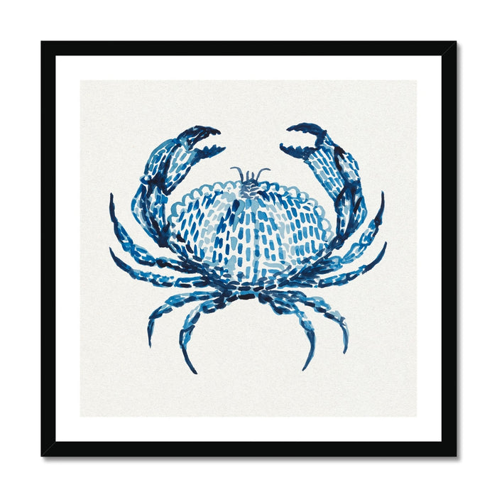Framed artwork of a blue crab on a white background