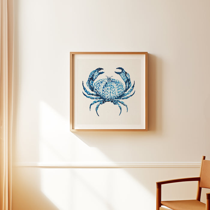 Blue crab watercolour coastal art print in shades of indigo blue by Beach House Art