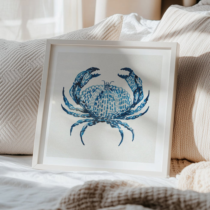 Blue crab art print in shades of indigo blue by Beach House Art in bedroom
