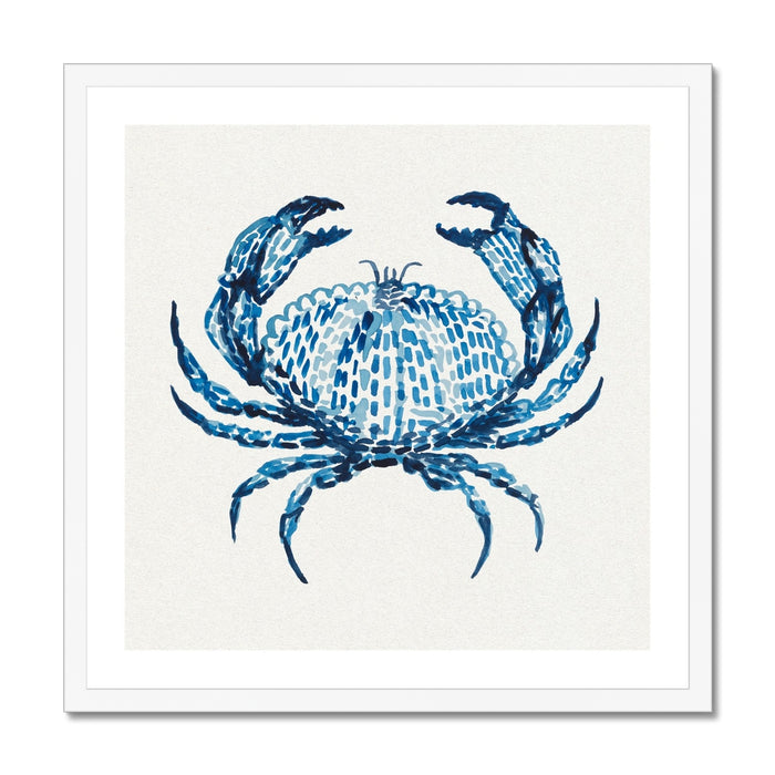 Framed blue crab art print on a white background