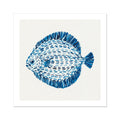 Contemporary blue fish artwork painted with layered watercolour brushstrokes on a neutral background.