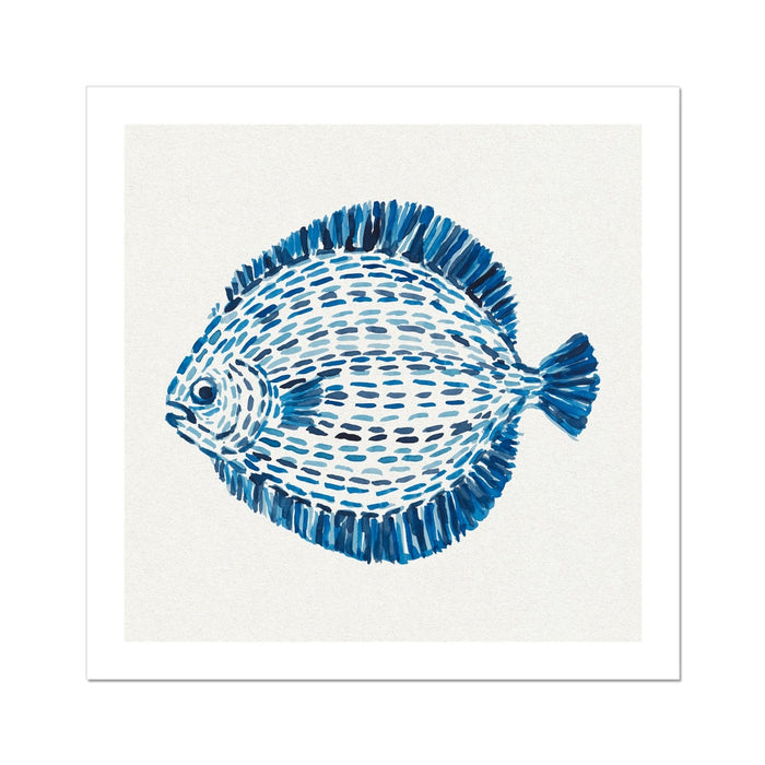 Contemporary blue fish artwork painted with layered watercolour brushstrokes on a neutral background.