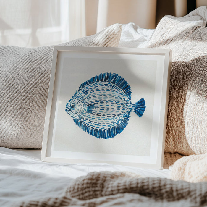 A painting of a flat fish in a white frame in bedroom