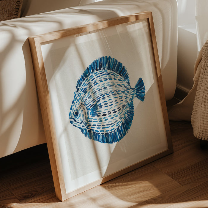 Framed fish art print in living room with natural wood frame.