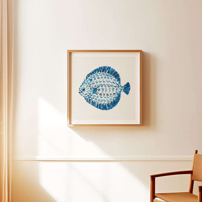 Fish painting on wall in living room. Castal art print of fish in  blue watercolour