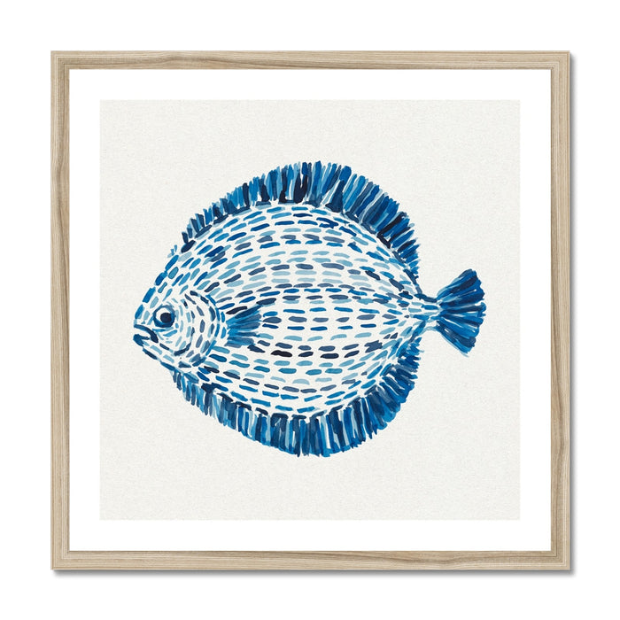 Contemporary blue flat fish artwork painted with layered watercolour brushstrokes on a neutral background