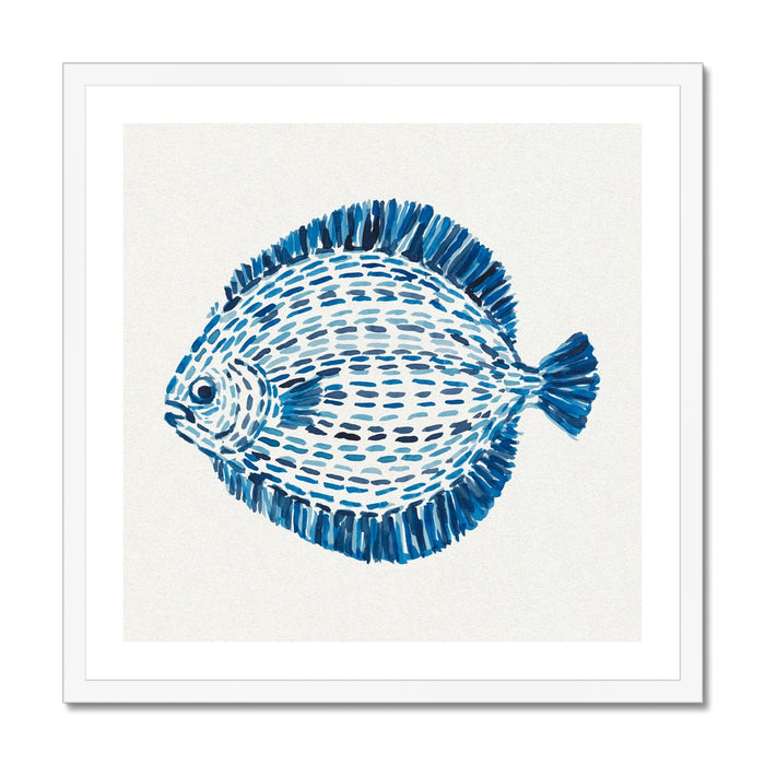 Framed artwork of a blue and white fish illustration on a white background