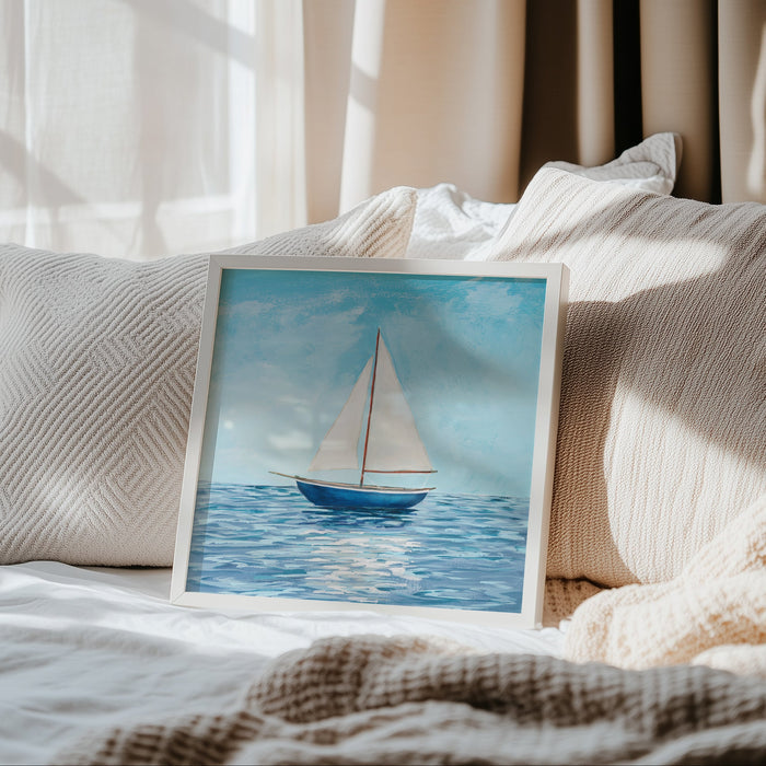 Framed painting of a sailboat on a bed with pillows and curtains