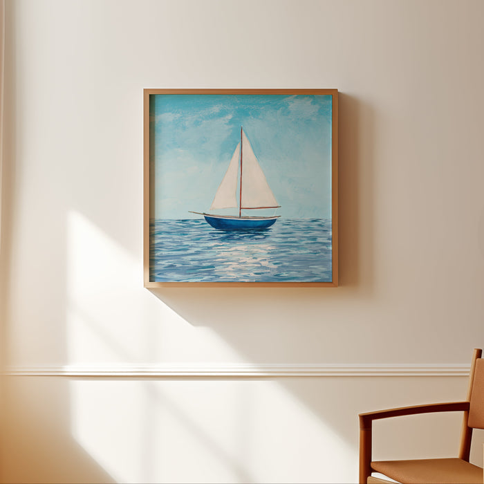 Framed painting of a sailboat on a wall with a chair in the foreground
