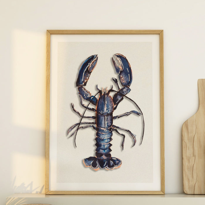 Blue lobster print styled on a kitchen shelf - kitchen wall art