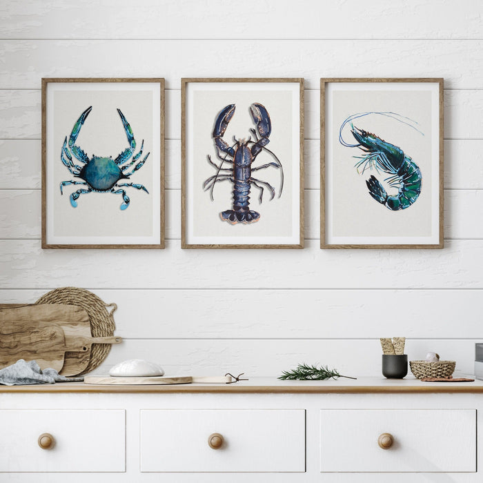 Blue lobster print set with crab and prawn prints – coastal kitchen gallery wall