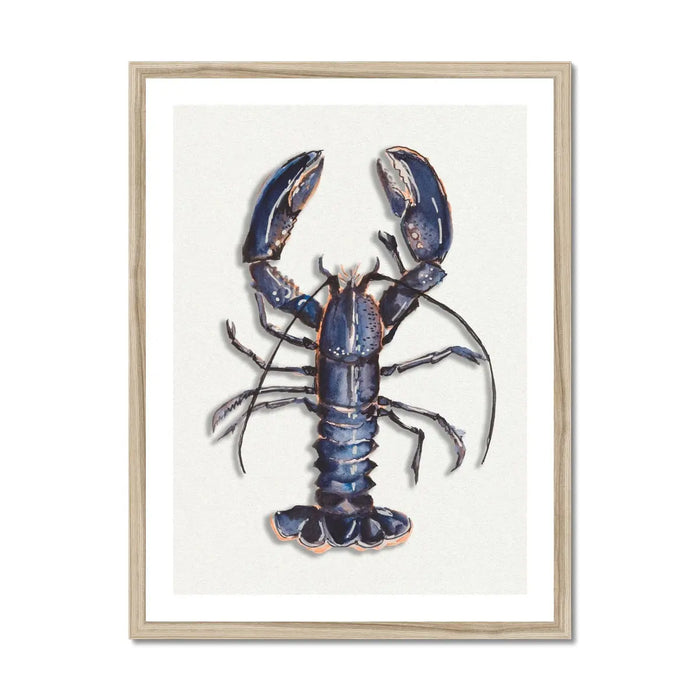 Watercolour painting of a blue lobster in a natural frame