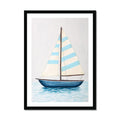 Framed artwork of a sailboat with striped sails on a light gray background