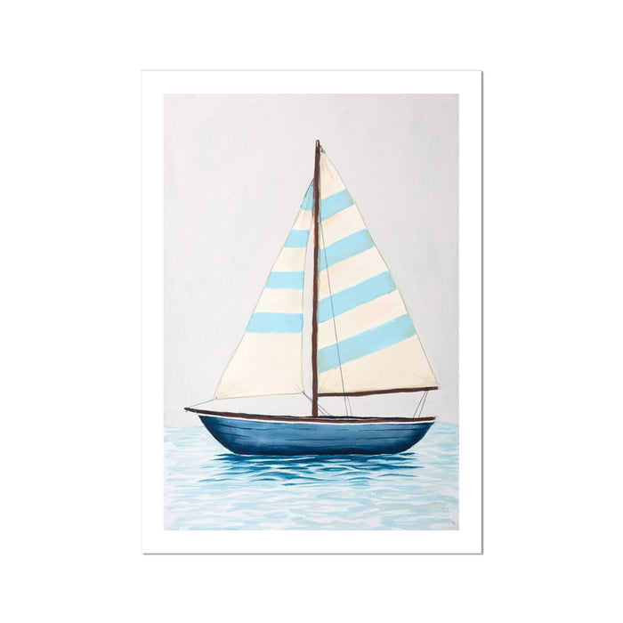 Boat art print with striped sails on a light grey background